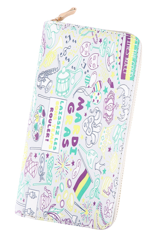 Mardi Gras Print Leather Zipper Wallet