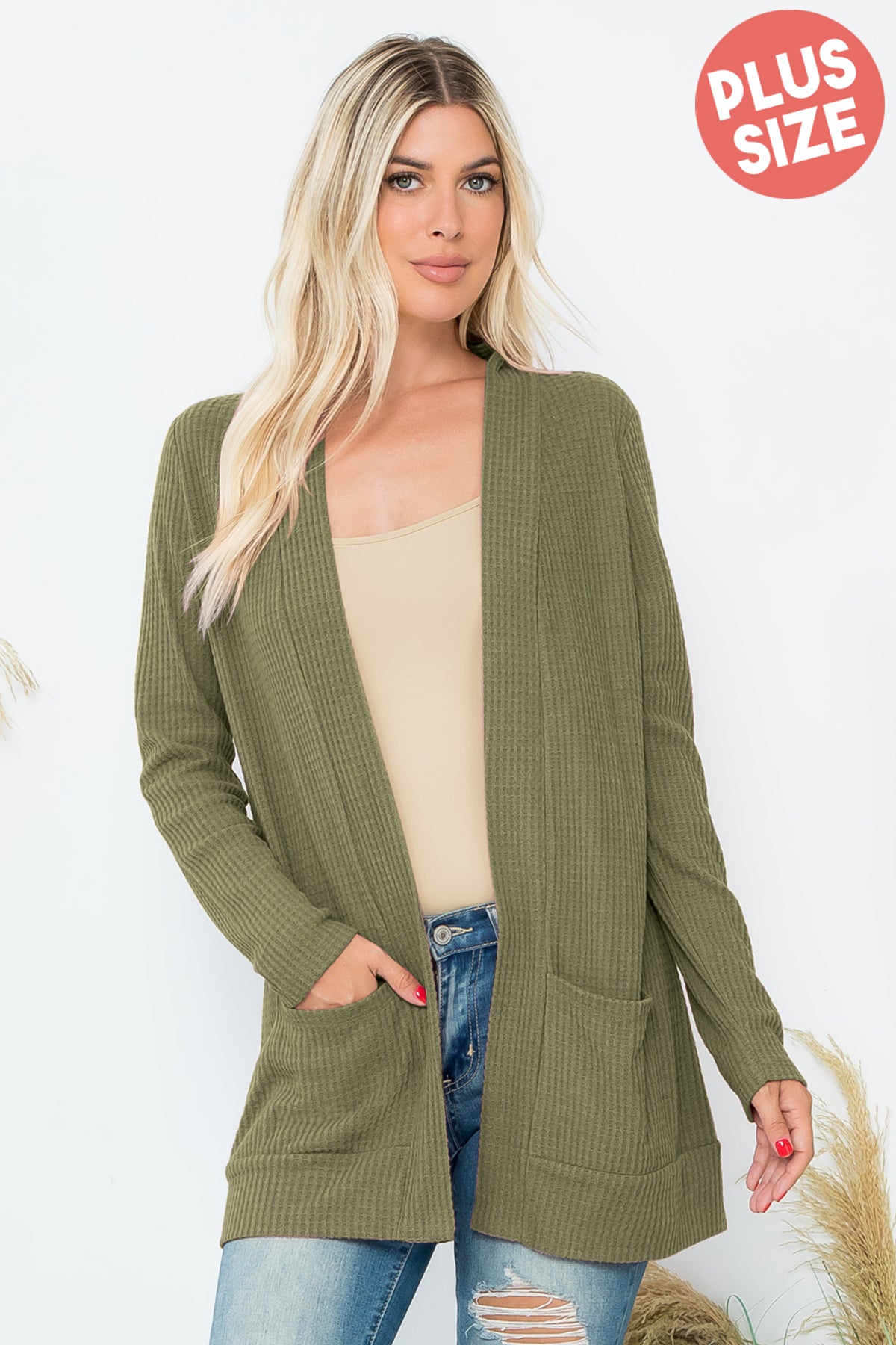 Plus Size Waffle Knit Open Front Cardigan