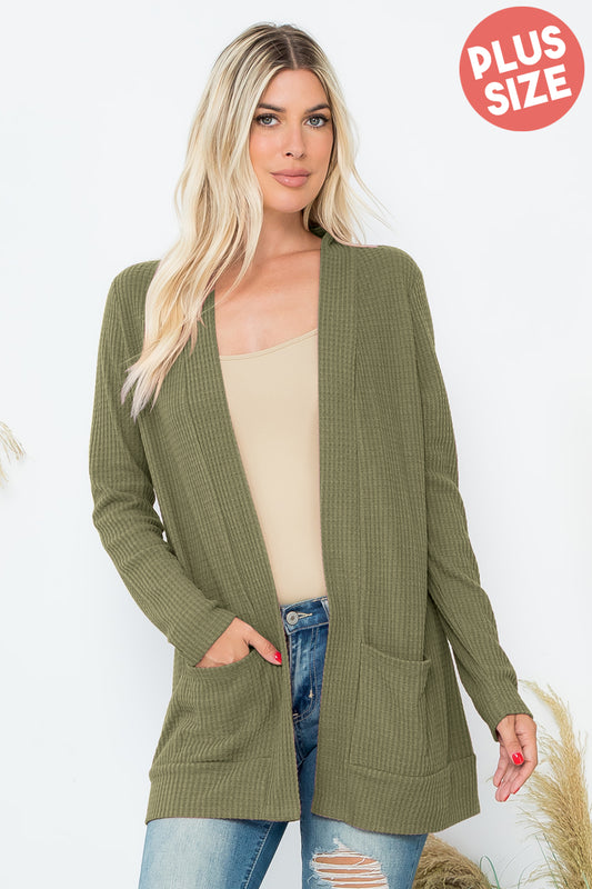 Plus Size Brushed Waffle Long Sleeve Side Pocket Open Front Cardigan