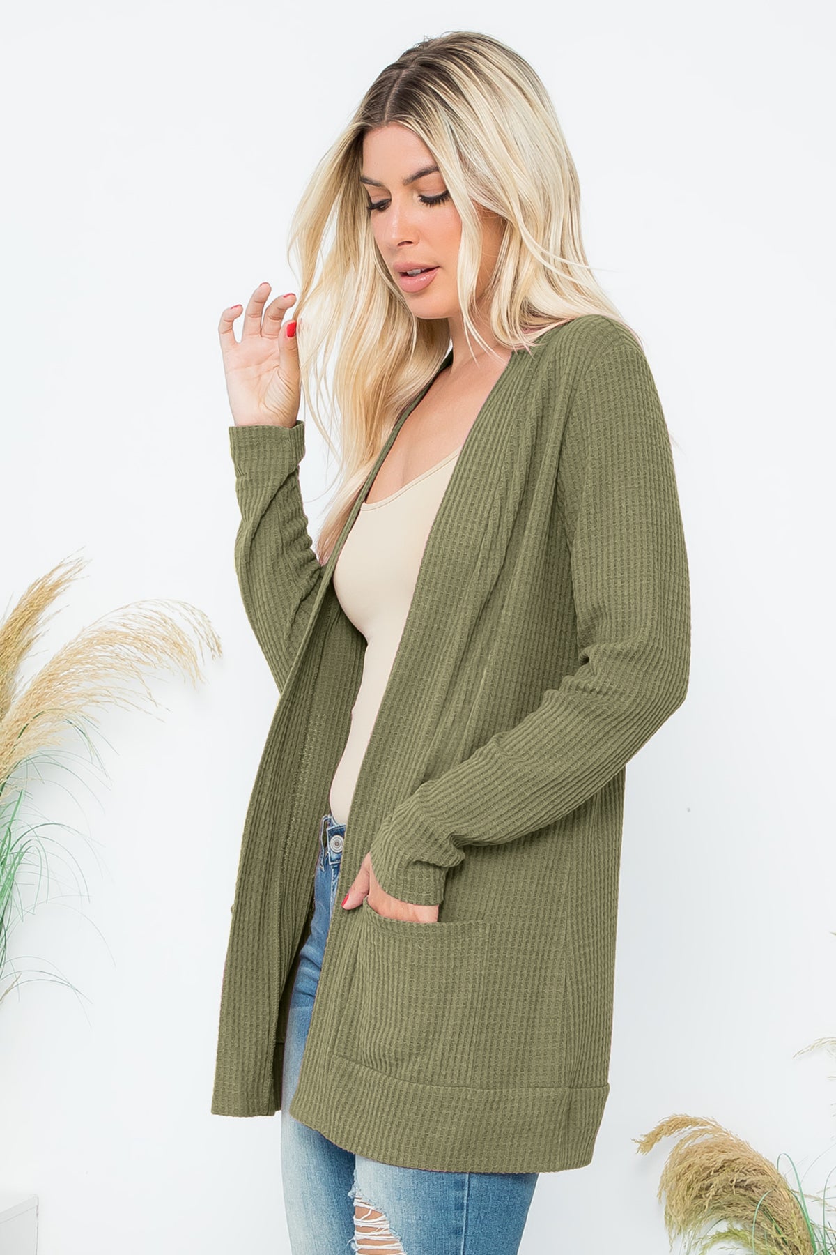 Long Sleeve Brushed Waffle Cardigan