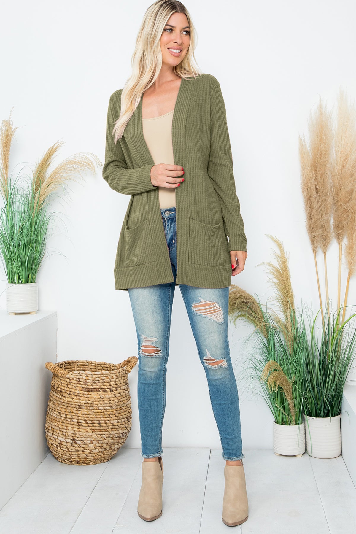 Long Sleeve Brushed Waffle Cardigan