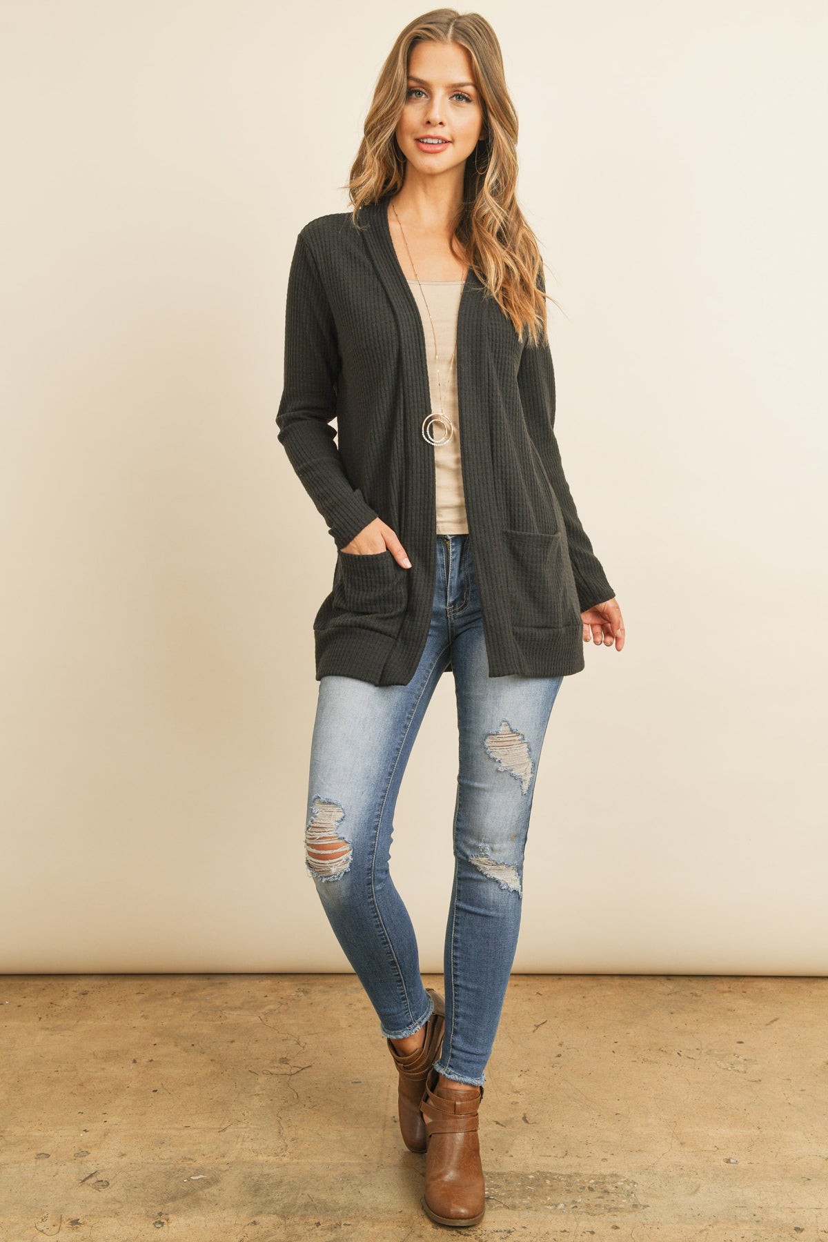 Long Sleeve Brushed Waffle Cardigan