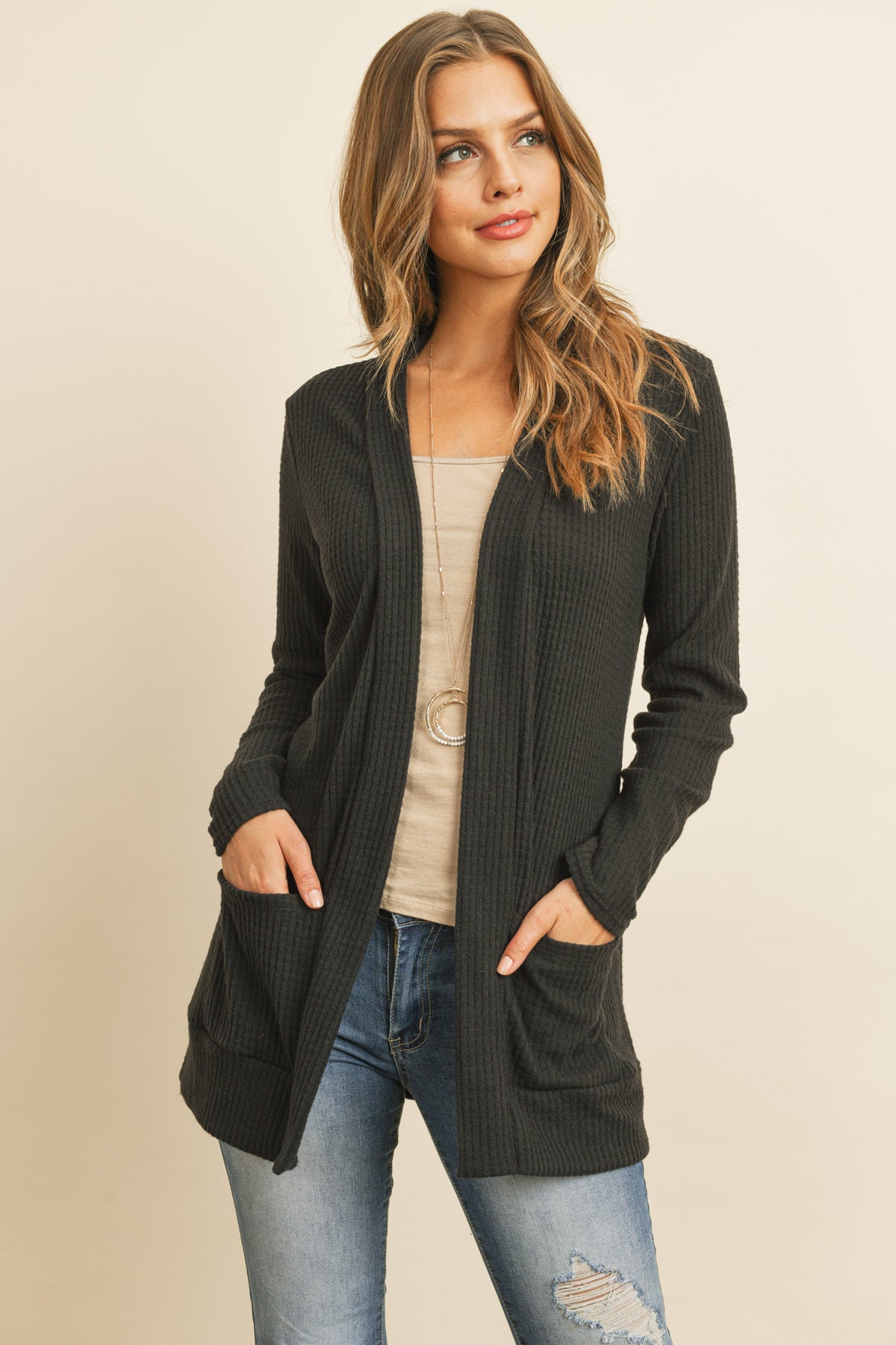 Long Sleeve Brushed Waffle Cardigan
