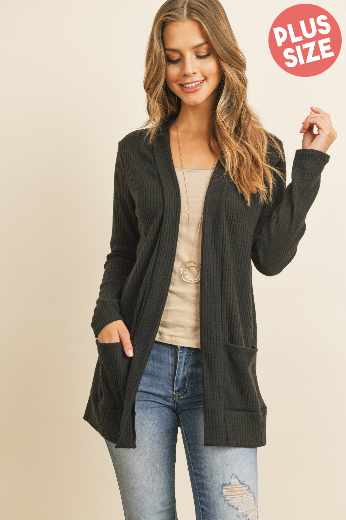 Plus Size Brushed Waffle Long Sleeve Side Pocket Open Front Cardigan