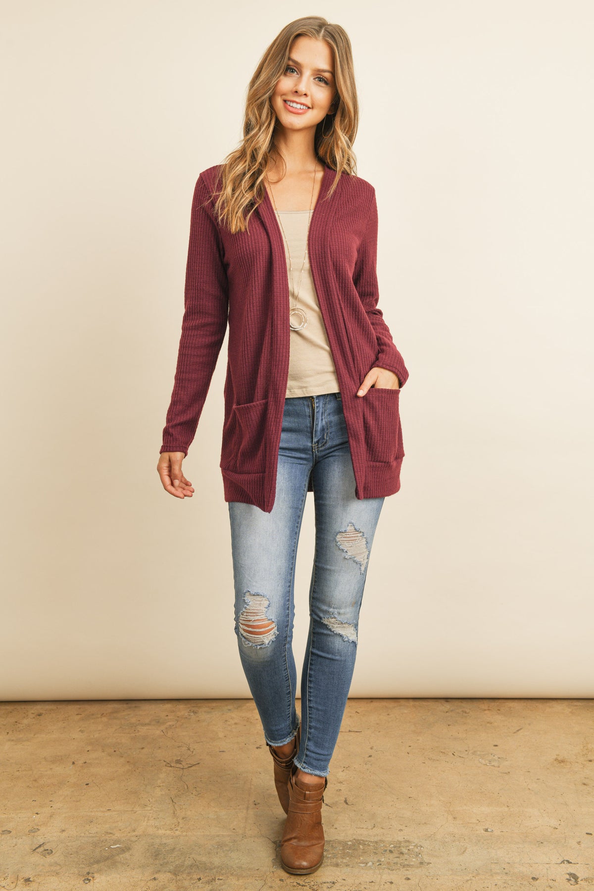 Long Sleeve Brushed Waffle Cardigan