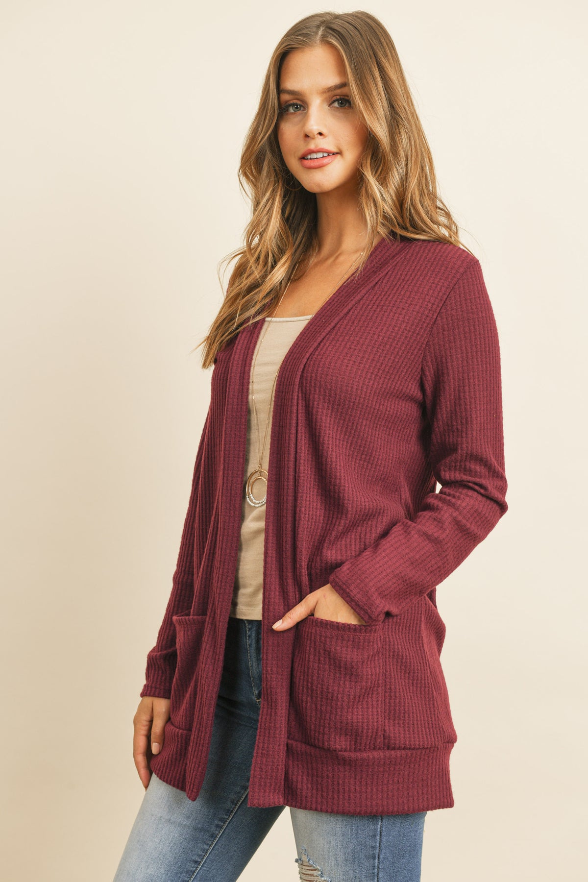 Long Sleeve Brushed Waffle Cardigan