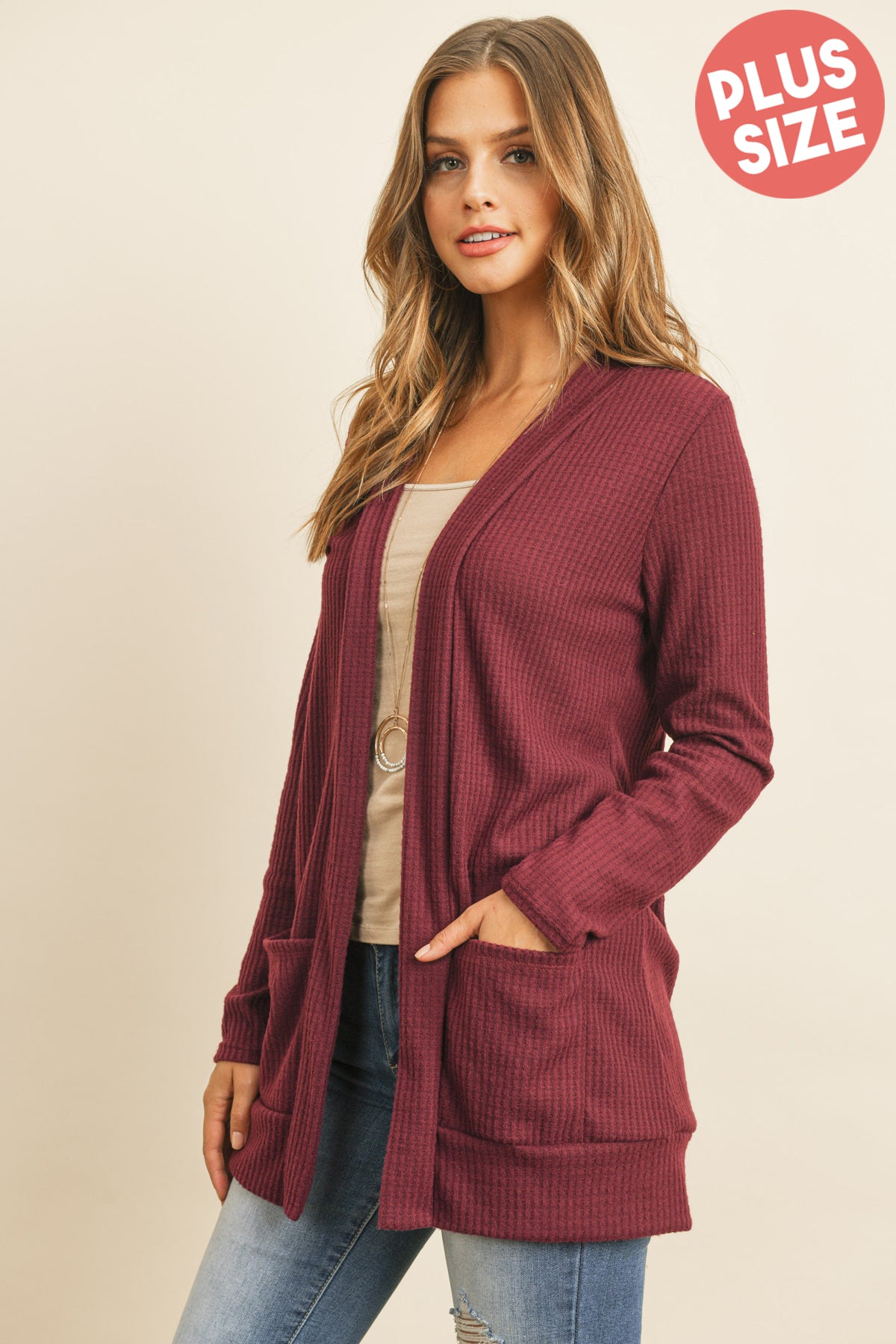 Plus Size Waffle Knit Open Front Cardigan