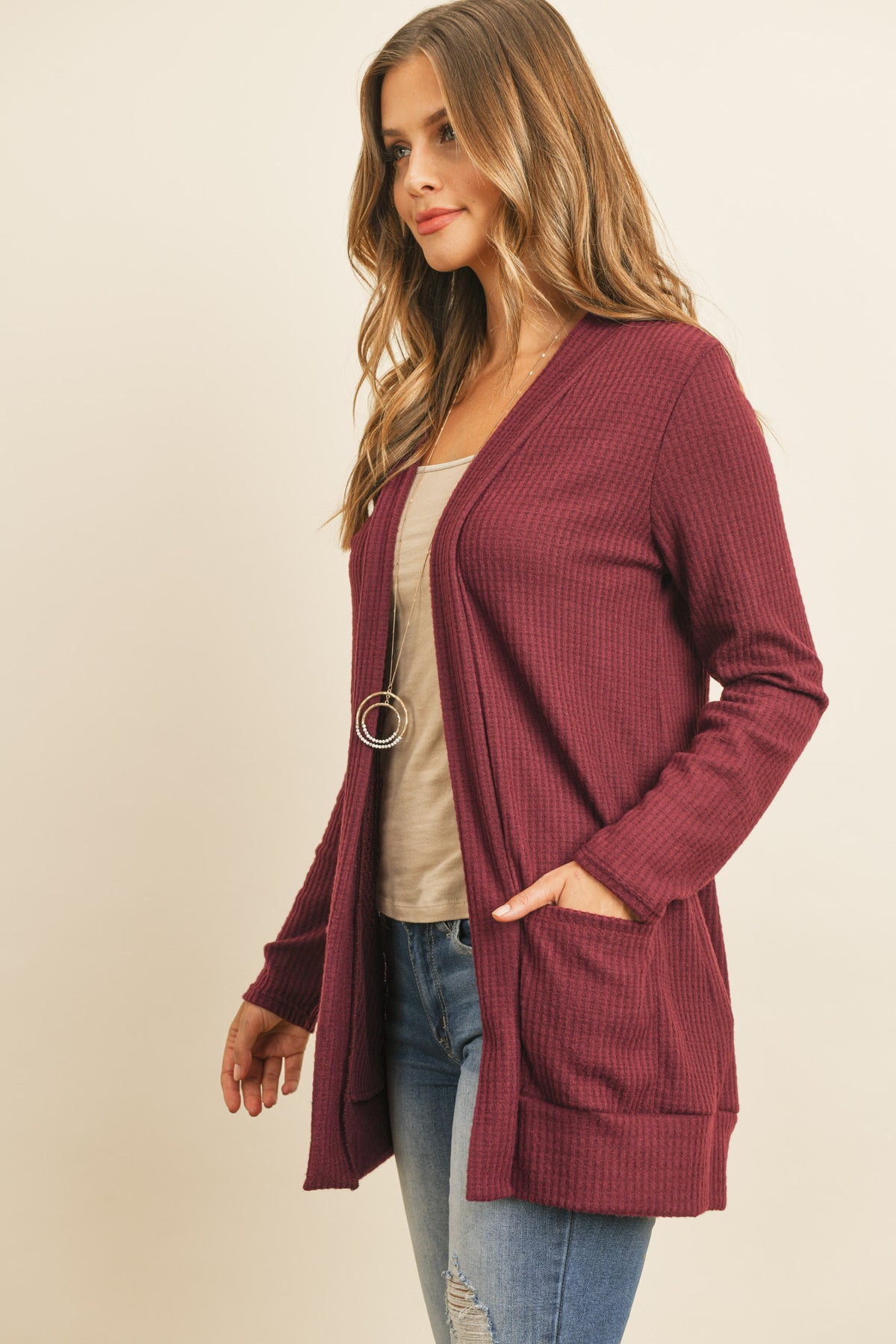 Long Sleeve Brushed Waffle Cardigan