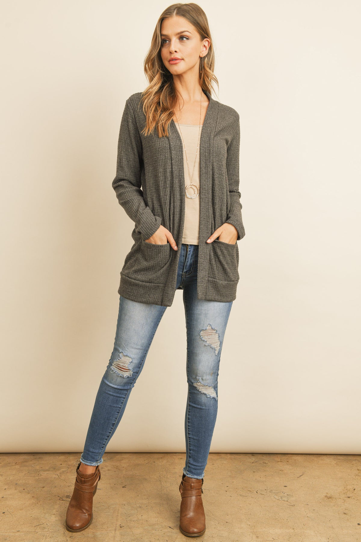 Long Sleeve Brushed Waffle Cardigan