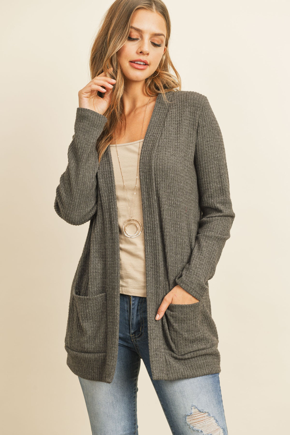 Long Sleeve Brushed Waffle Cardigan