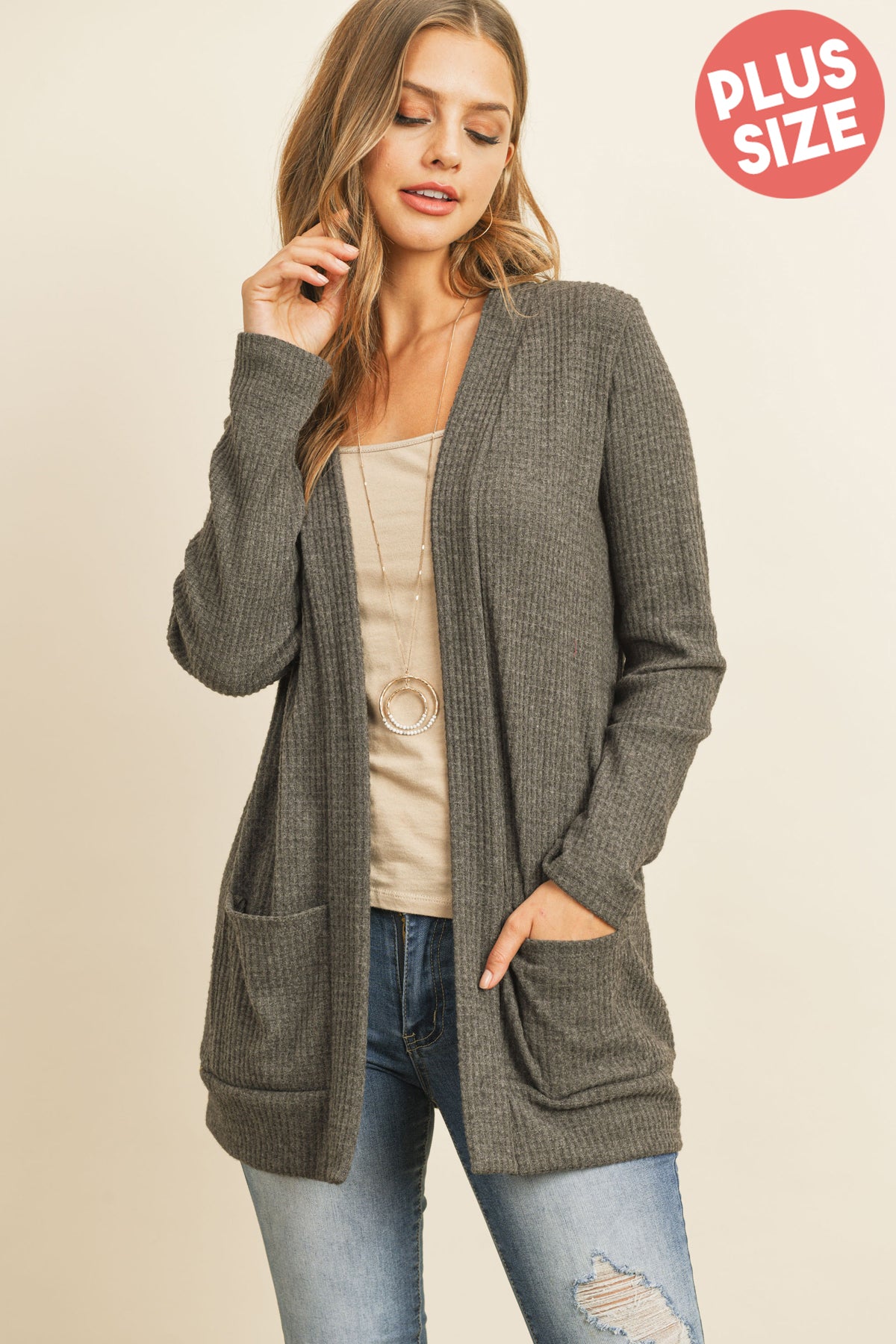 Plus Size Brushed Waffle Long Sleeve Side Pocket Open Front Cardigan