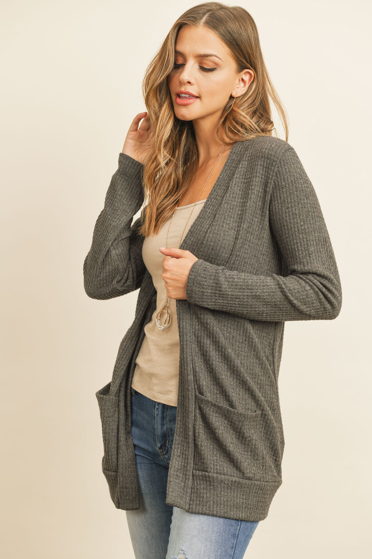 Long Sleeve Brushed Waffle Cardigan