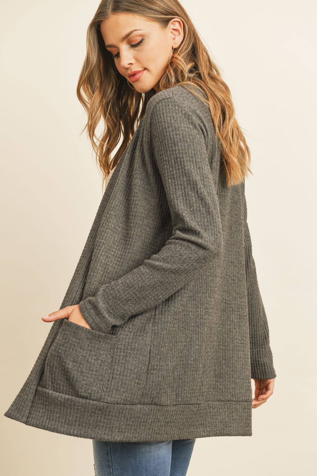 Long Sleeve Brushed Waffle Cardigan