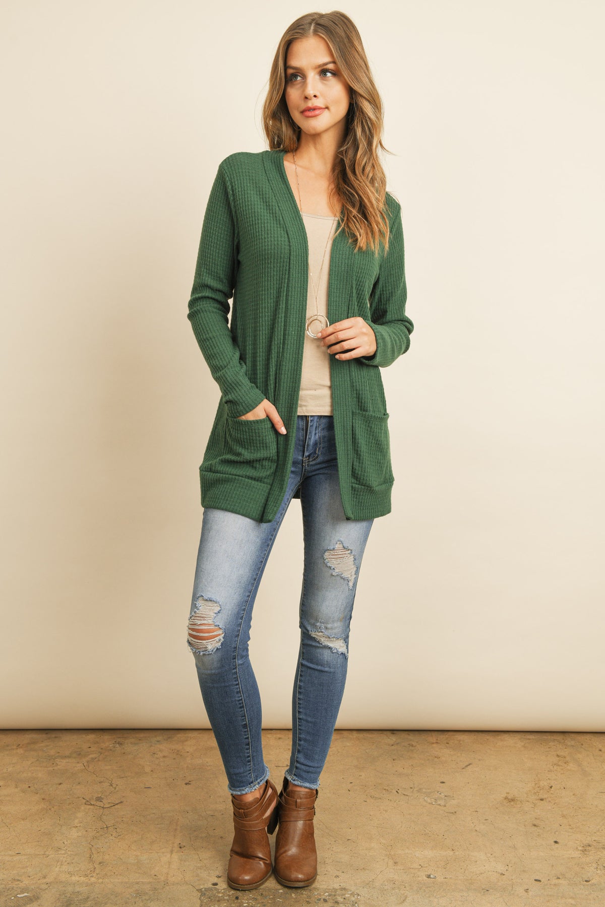 Long Sleeve Brushed Waffle Cardigan