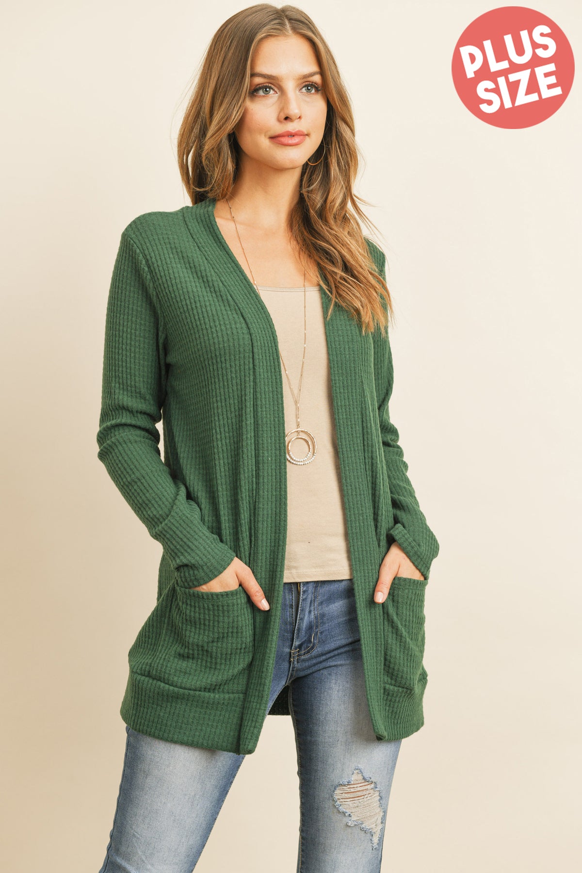 Plus Size Brushed Waffle Long Sleeve Side Pocket Open Front Cardigan
