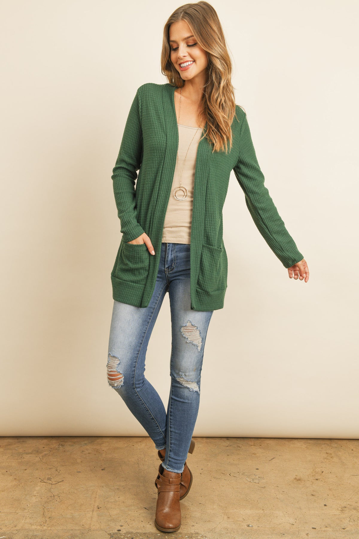 Long Sleeve Brushed Waffle Cardigan