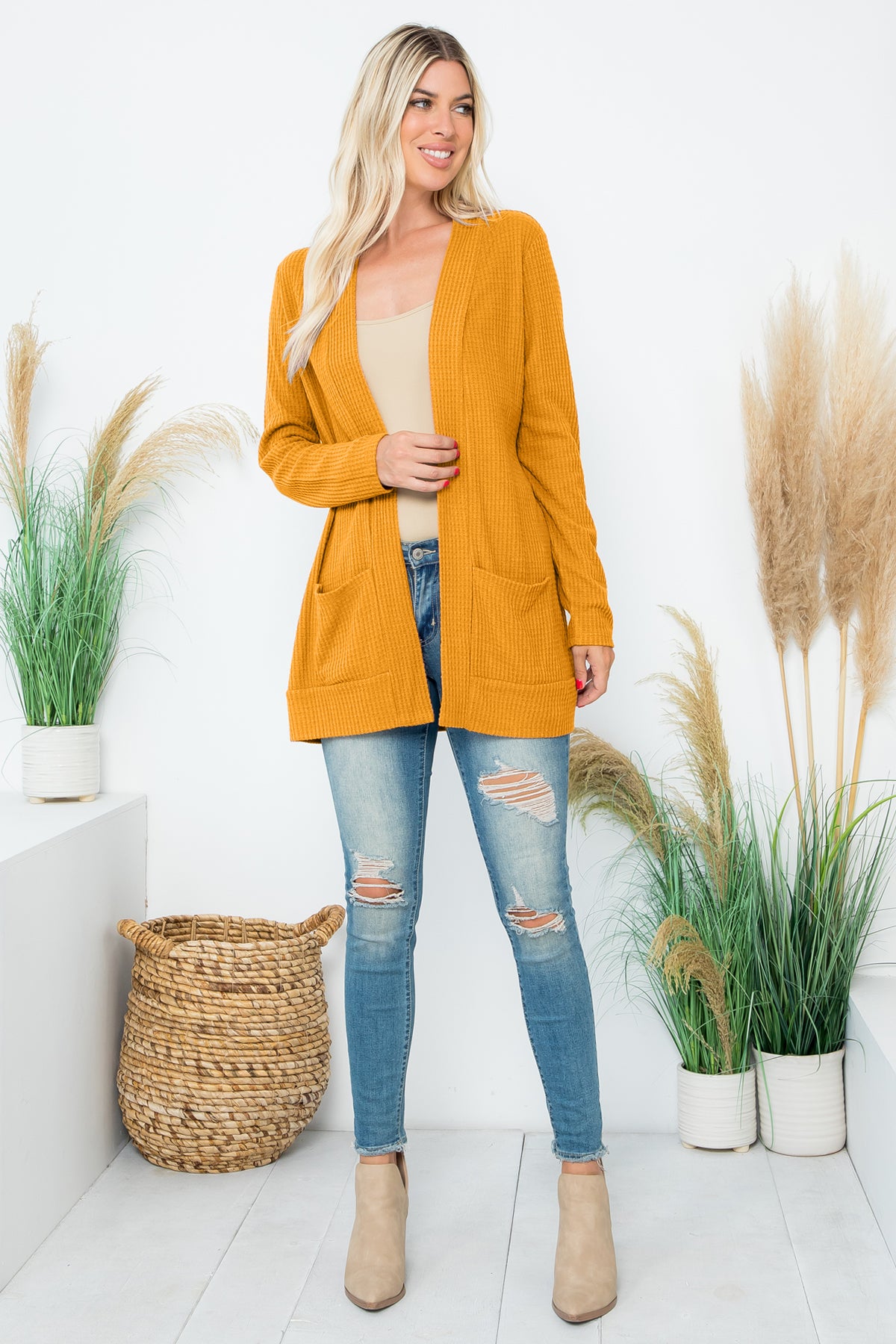 Long Sleeve Brushed Waffle Cardigan