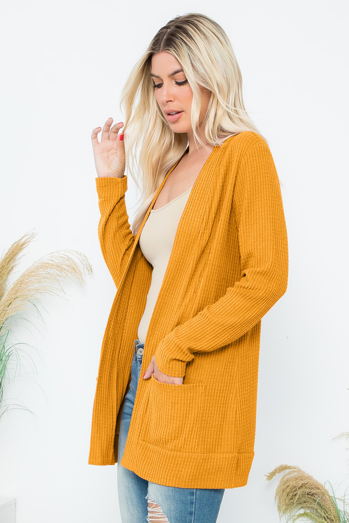 Long Sleeve Brushed Waffle Cardigan