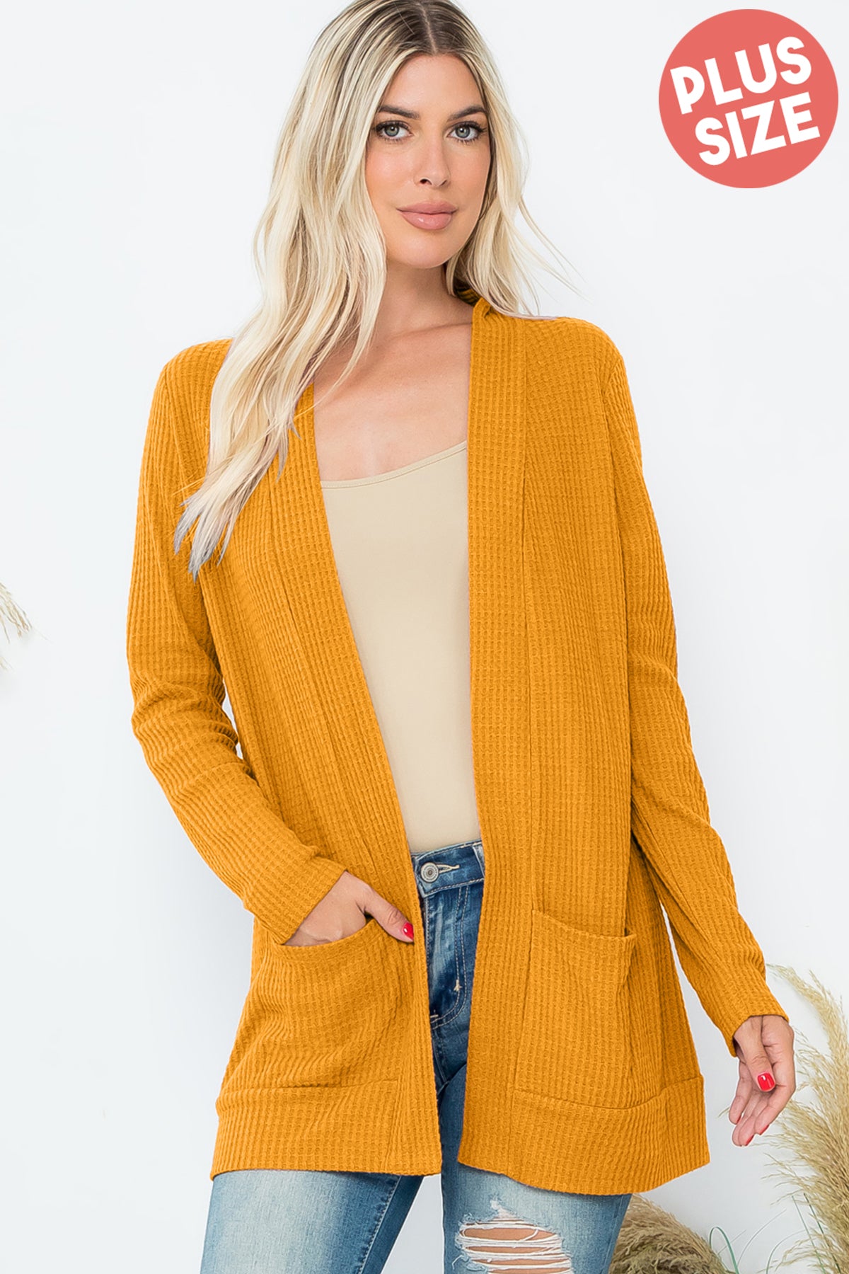 Plus Size Waffle Knit Open Front Cardigan