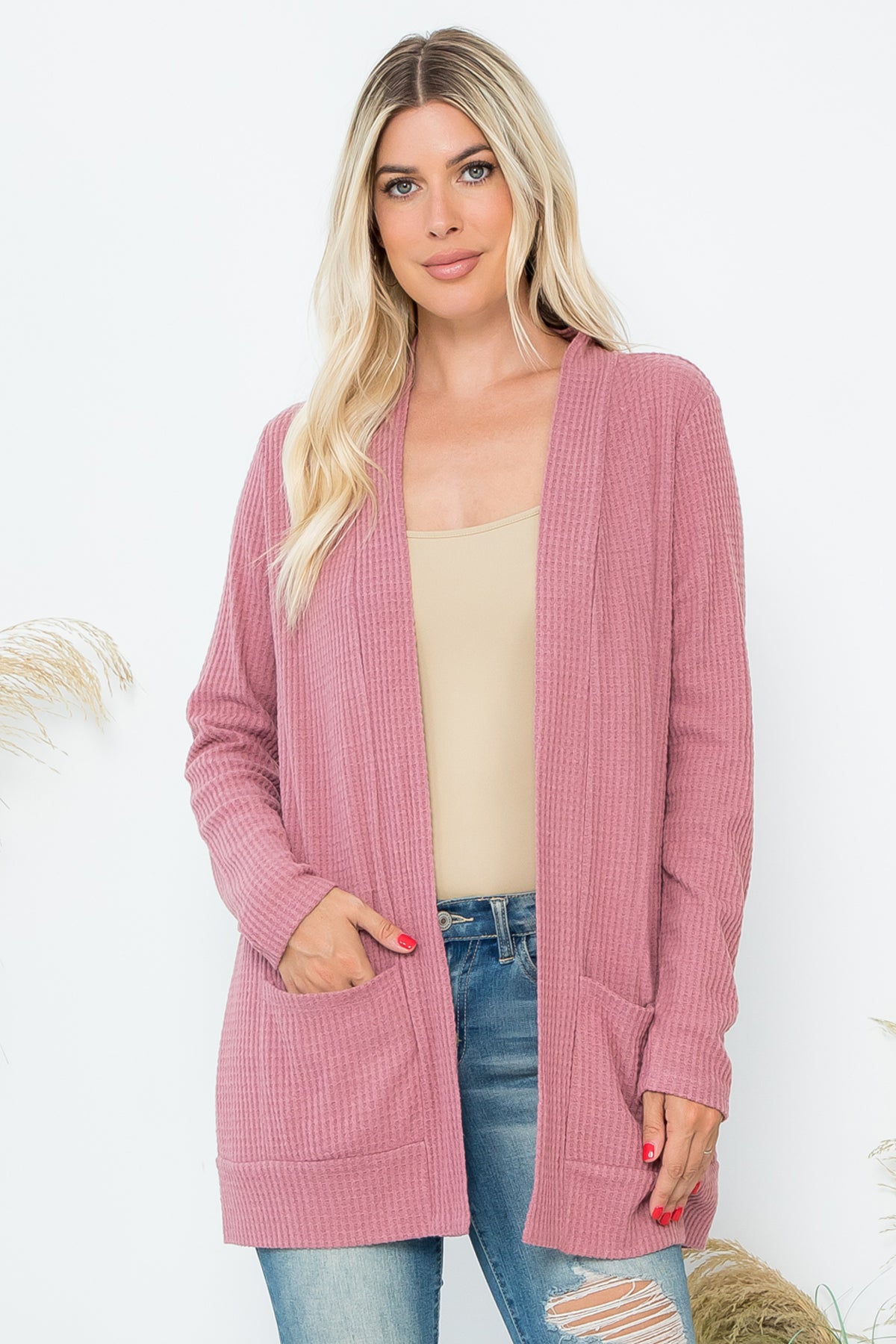 Long Sleeve Brushed Waffle Cardigan