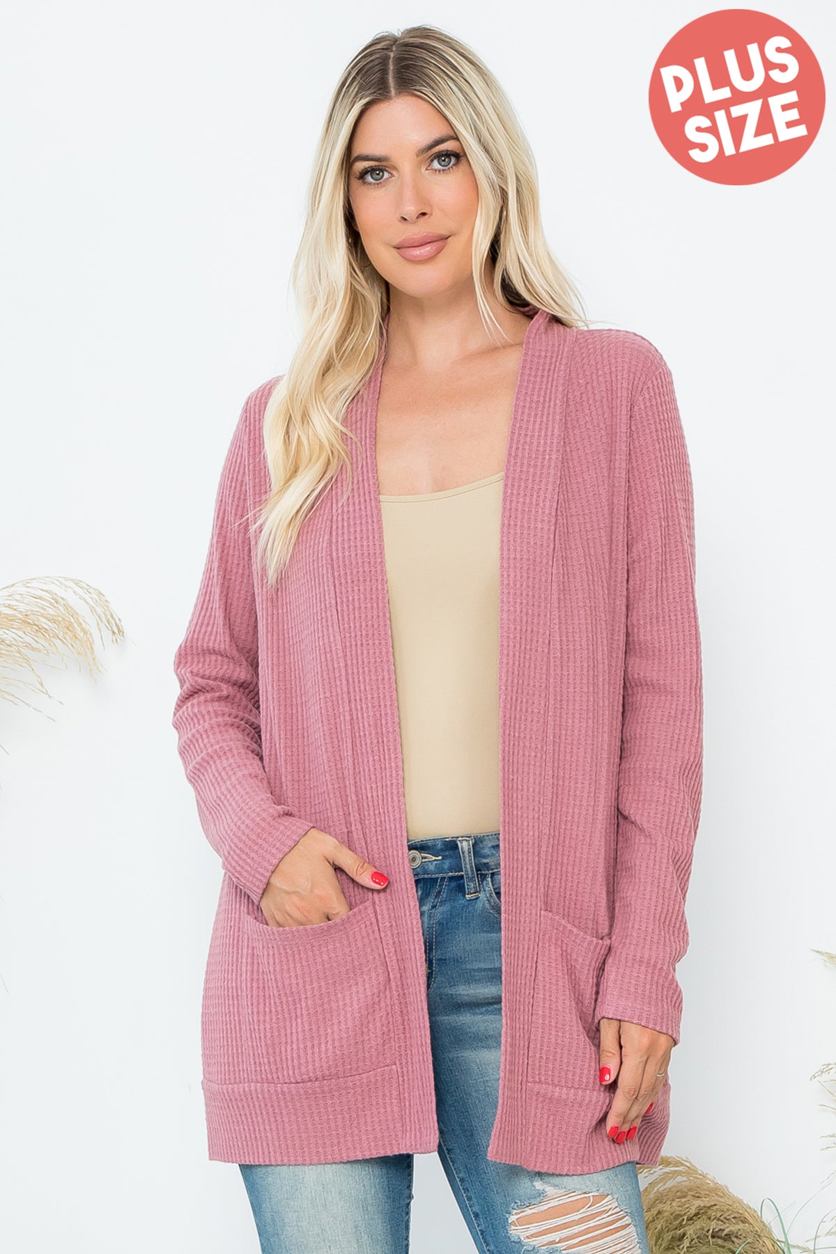 Plus Size Waffle Knit Open Front Cardigan