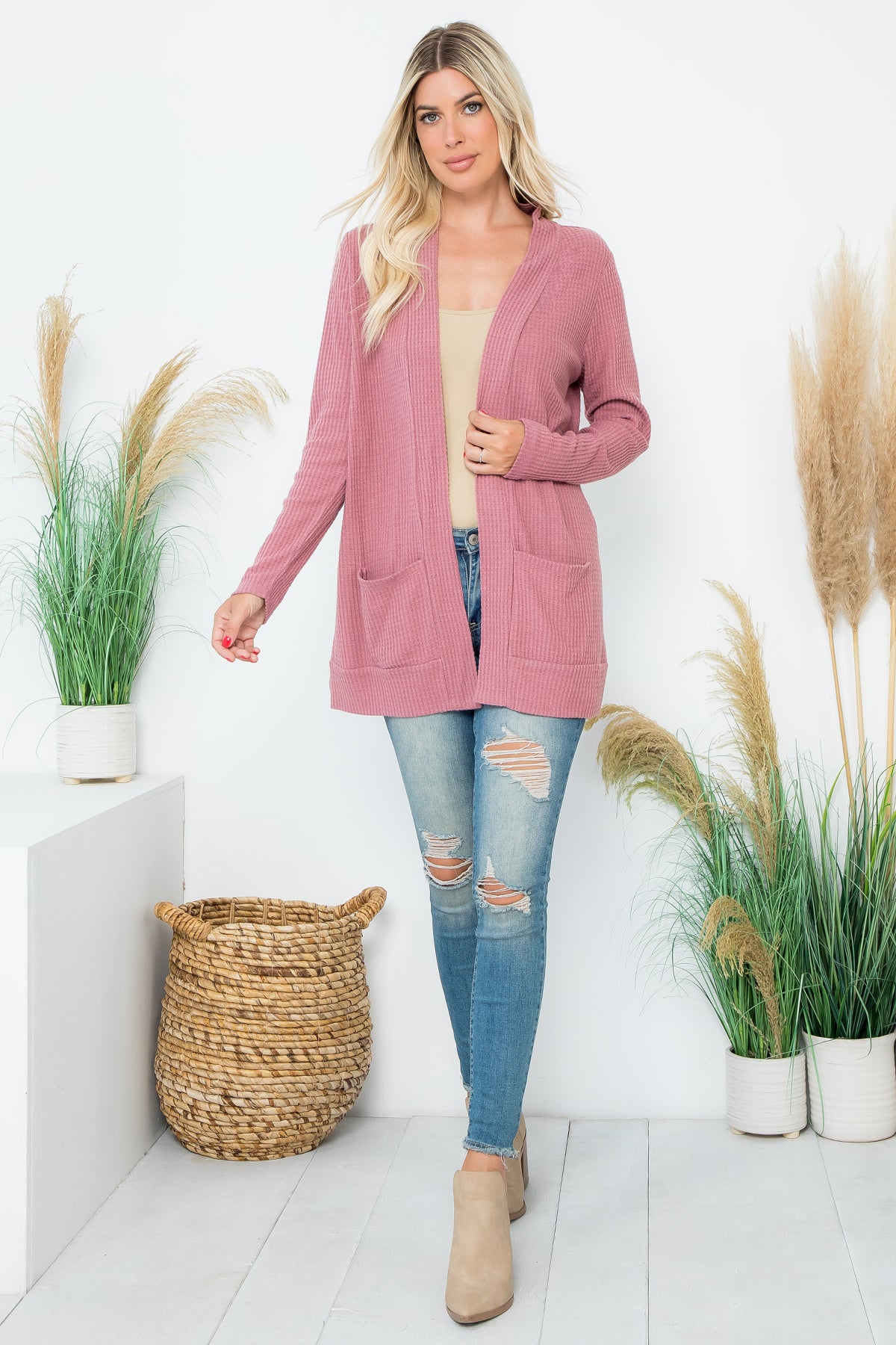 Long Sleeve Brushed Waffle Cardigan