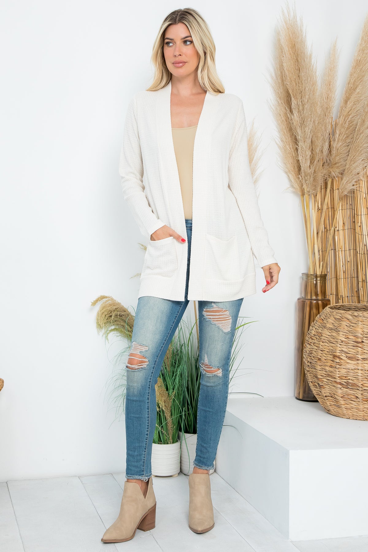 Long Sleeve Brushed Waffle Cardigan