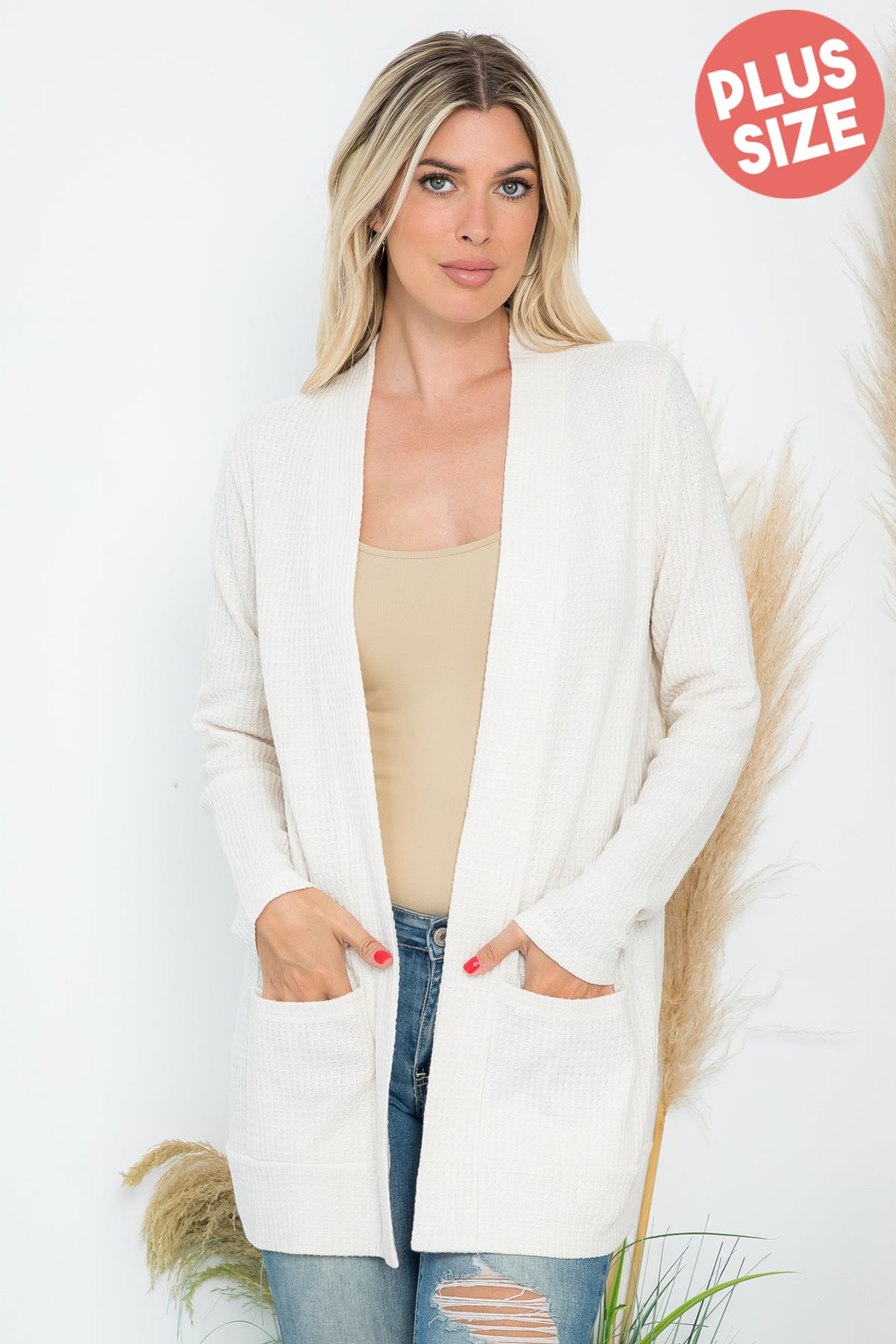 Plus Size Brushed Waffle Long Sleeve Side Pocket Open Front Cardigan