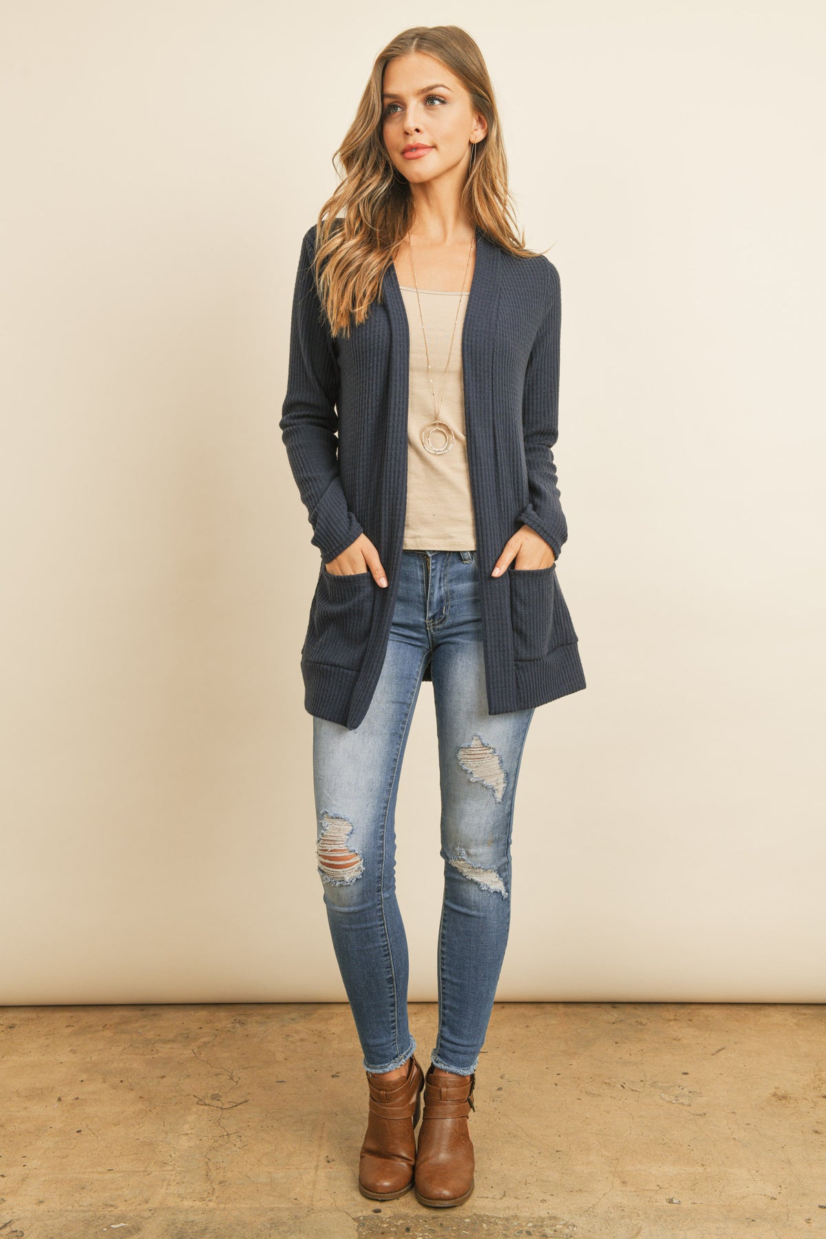 Long Sleeve Brushed Waffle Cardigan