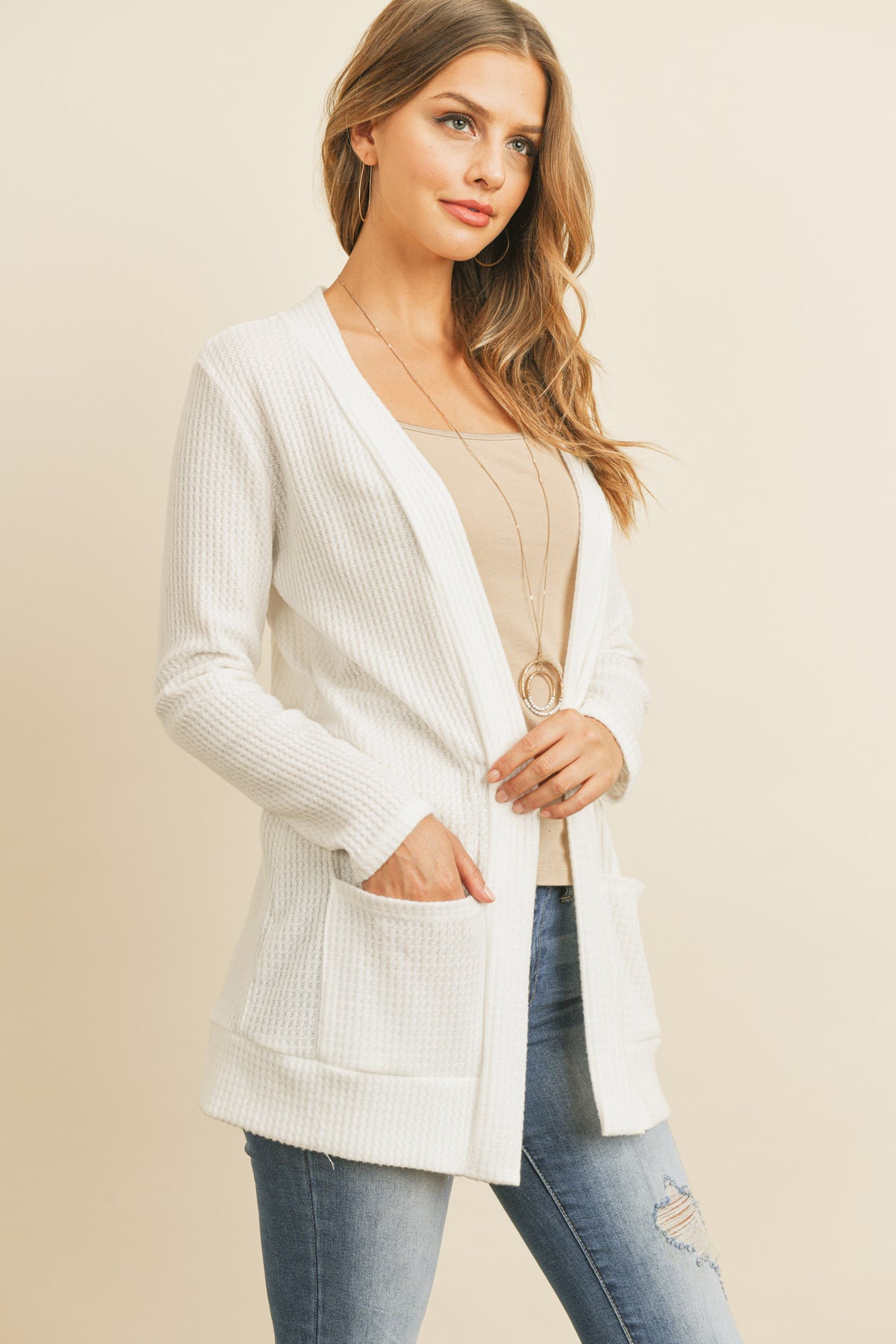 Long Sleeve Brushed Waffle Cardigan