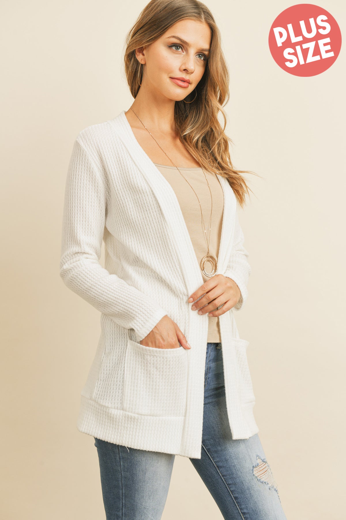 Plus Size Brushed Waffle Long Sleeve Side Pocket Open Front Cardigan