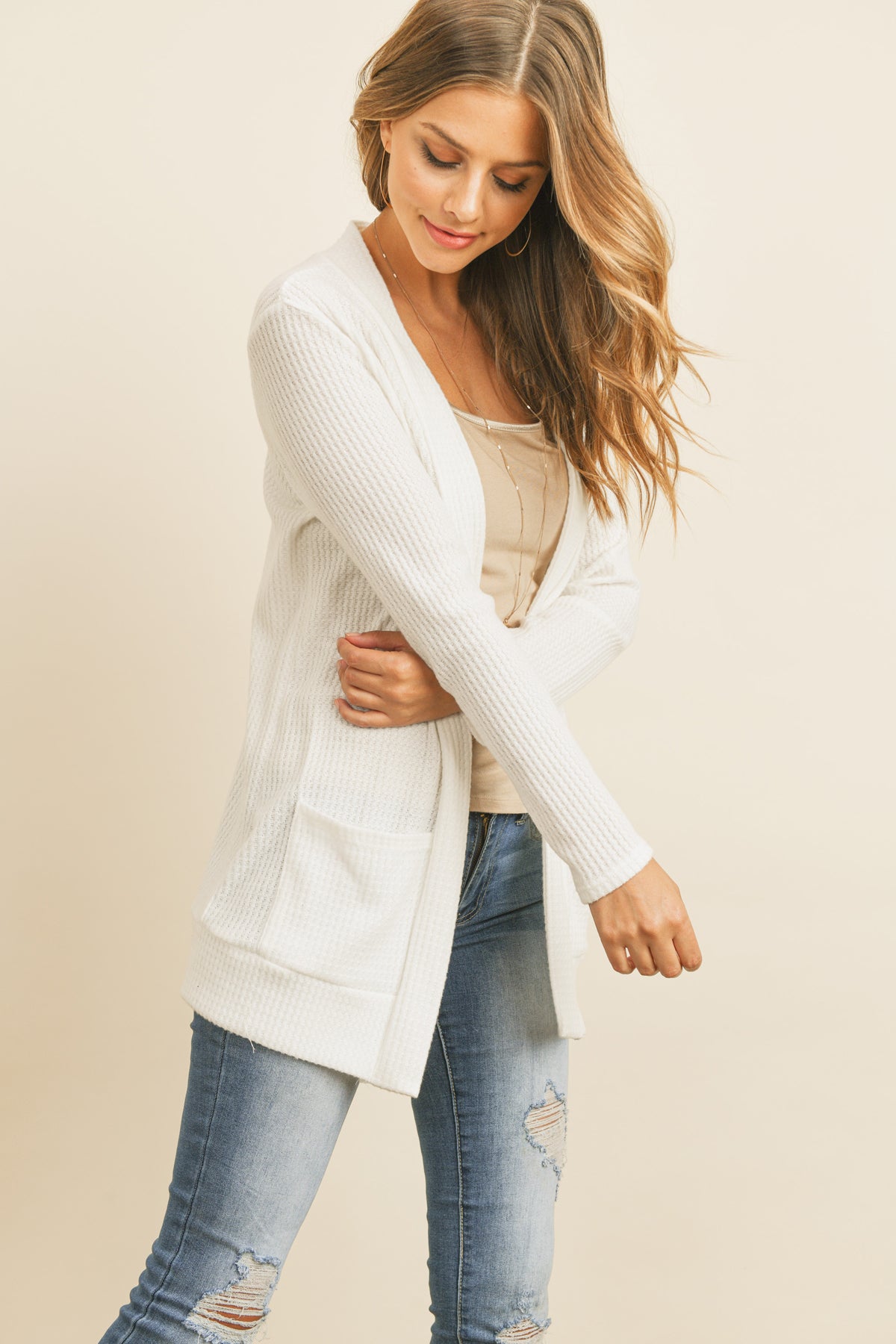Long Sleeve Brushed Waffle Cardigan