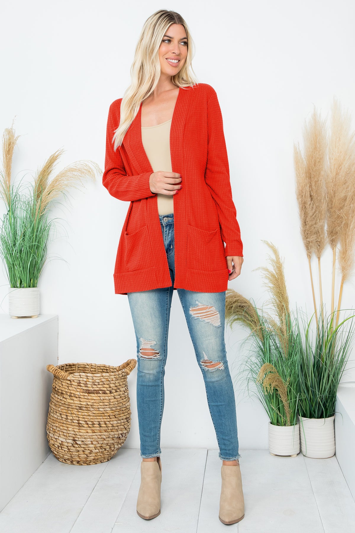 Long Sleeve Brushed Waffle Cardigan
