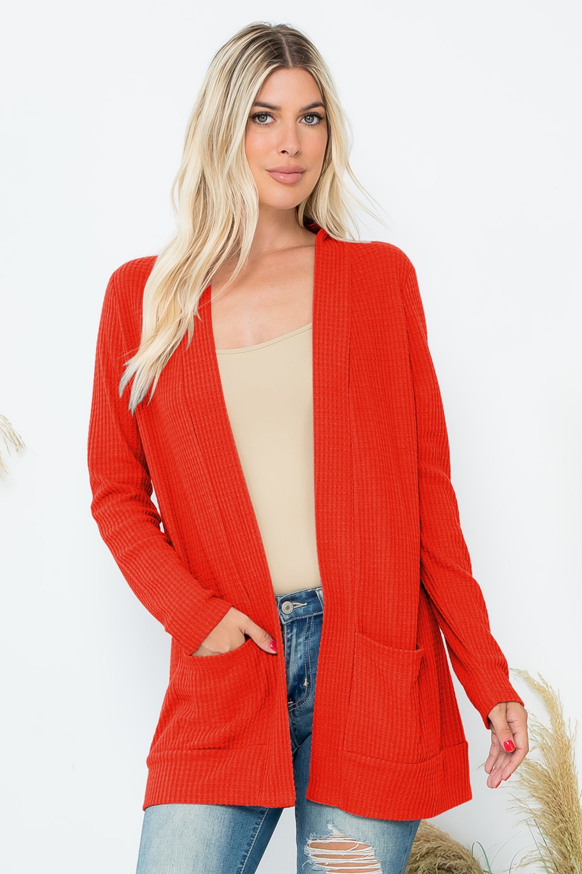 Long Sleeve Brushed Waffle Cardigan