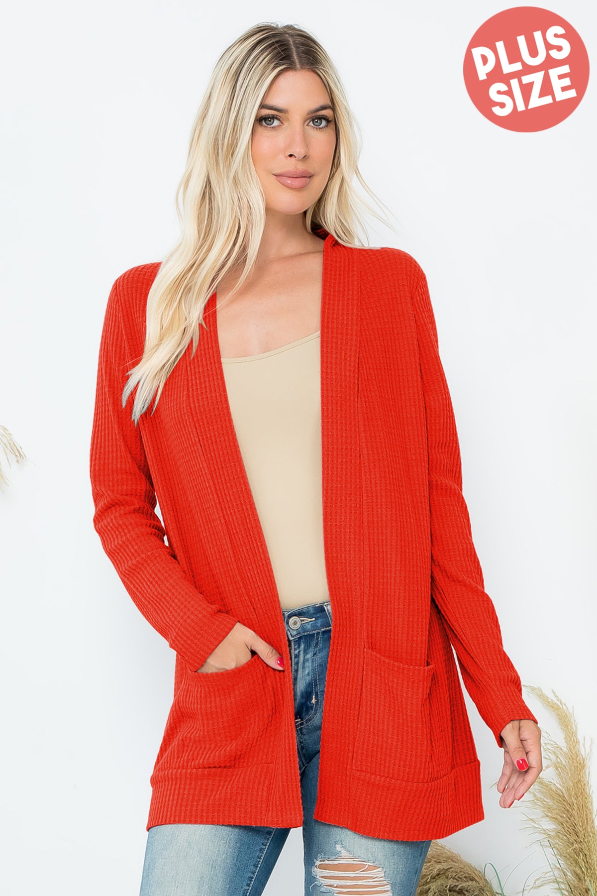 Plus Size Brushed Waffle Long Sleeve Side Pocket Open Front Cardigan