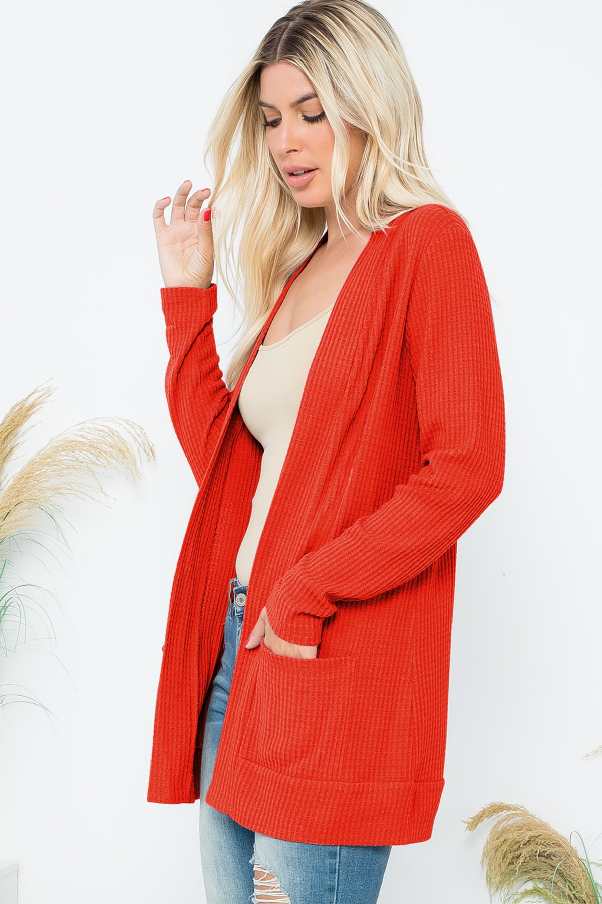Long Sleeve Brushed Waffle Cardigan