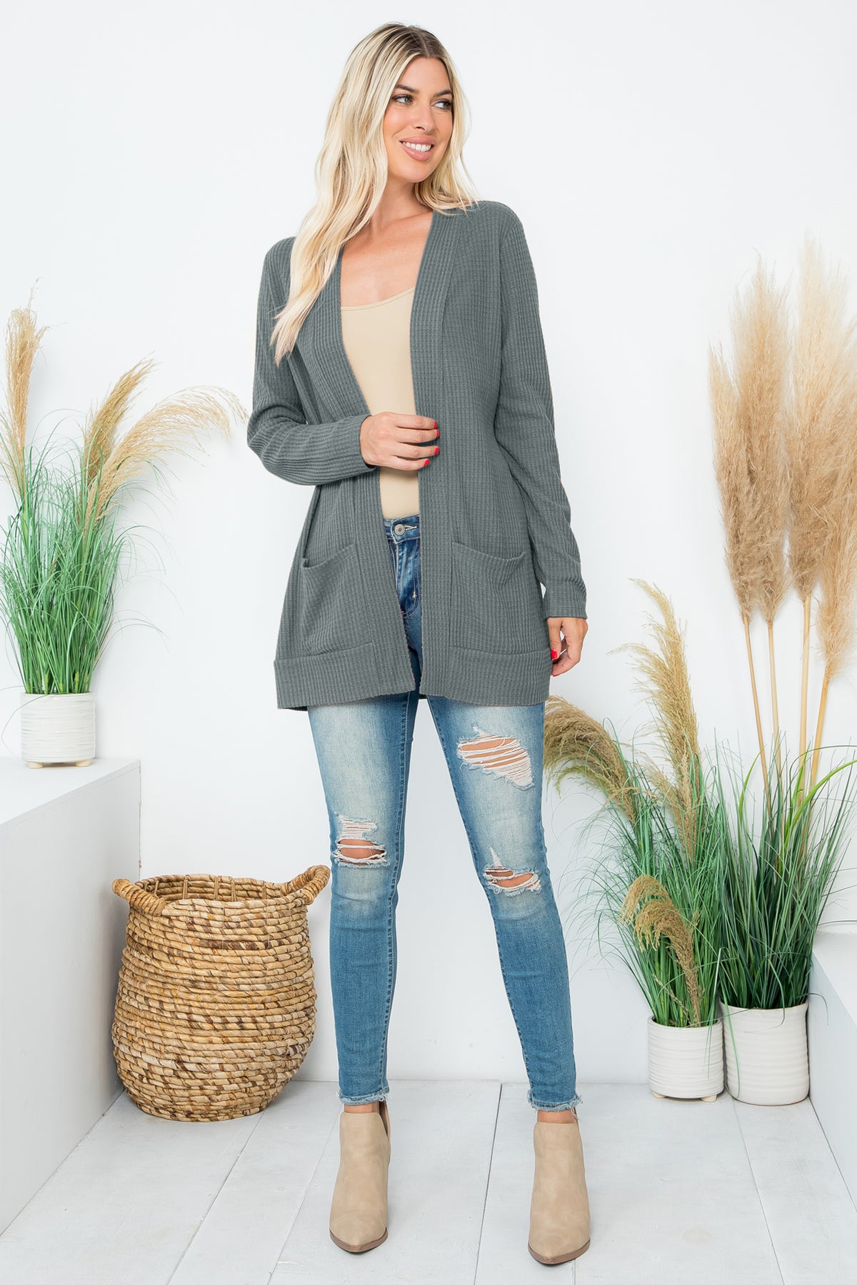 Long Sleeve Brushed Waffle Cardigan