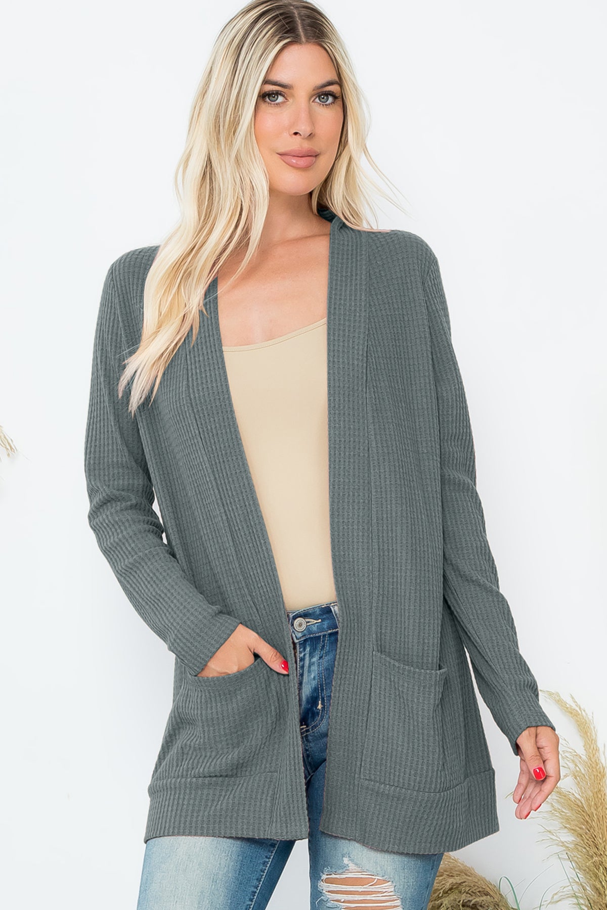 Long Sleeve Brushed Waffle Cardigan