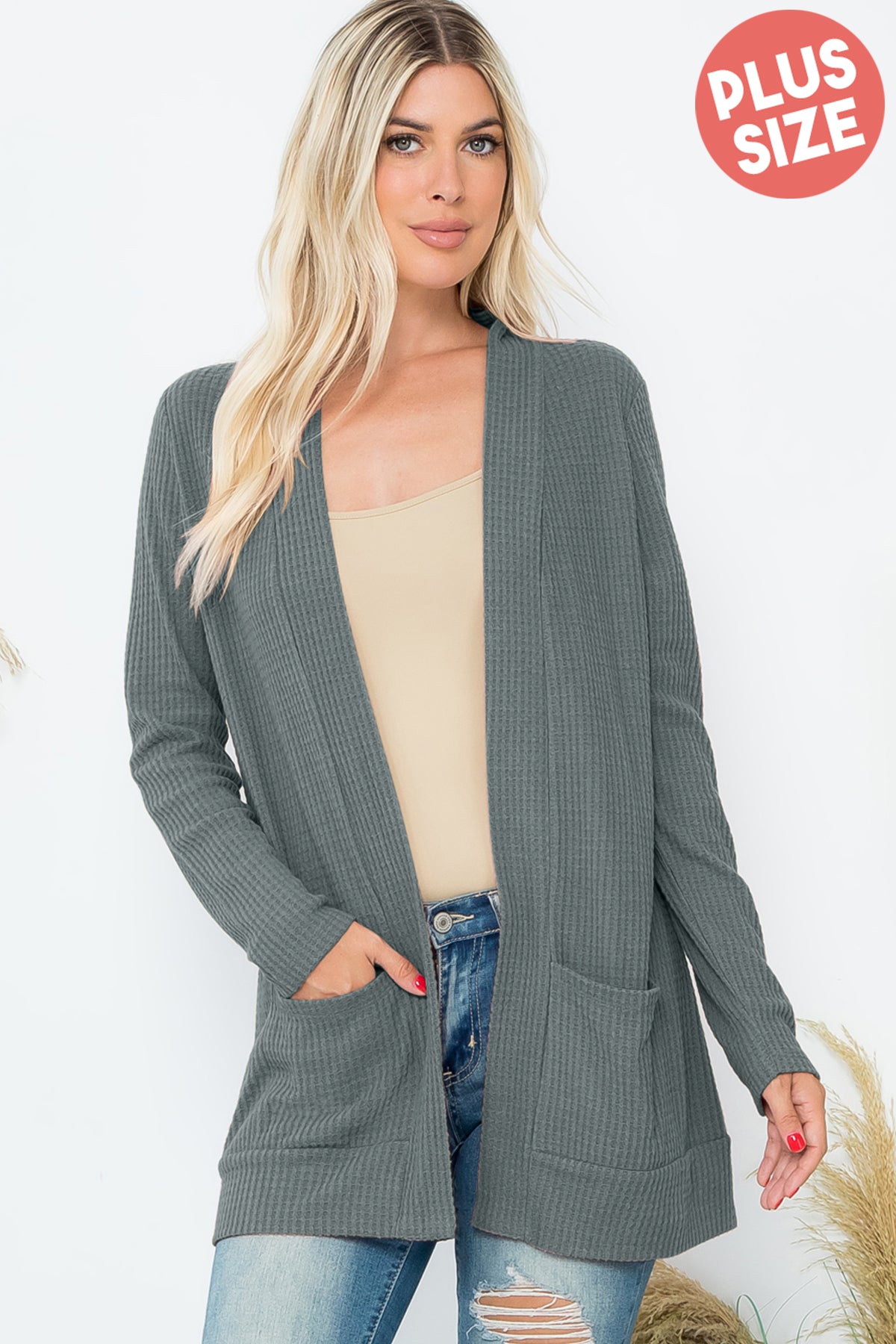 Plus Size Brushed Waffle Long Sleeve Side Pocket Open Front Cardigan