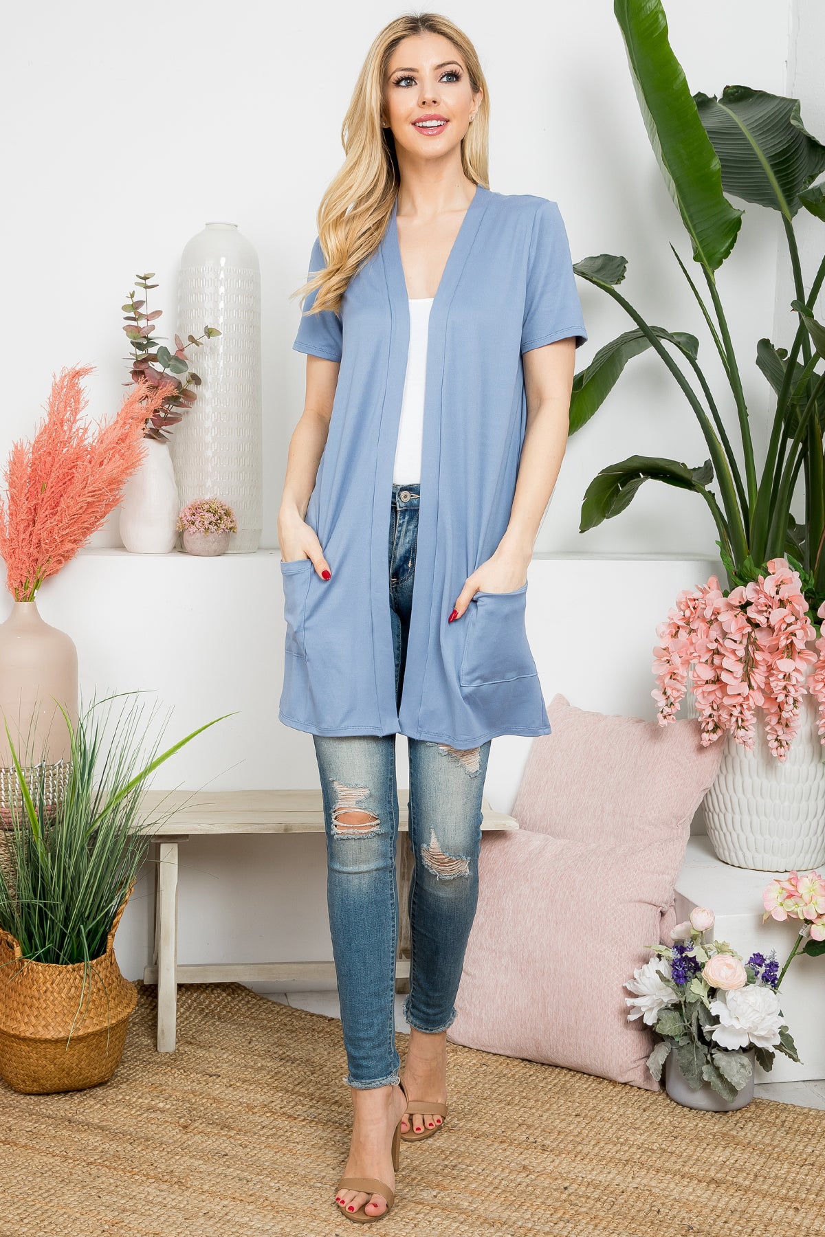 Short Sleeve Open Front Solid Cardigan