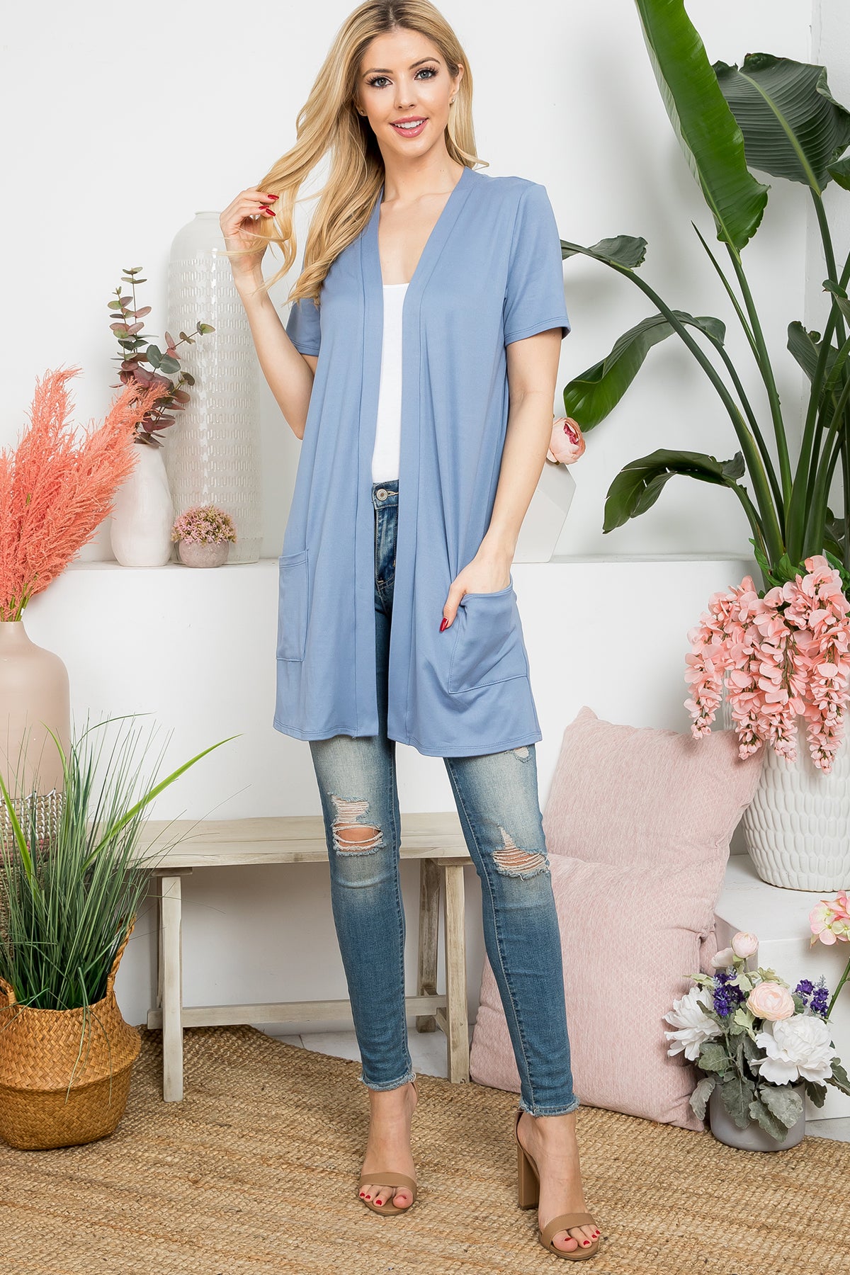 Short Sleeve Open Front Solid Cardigan