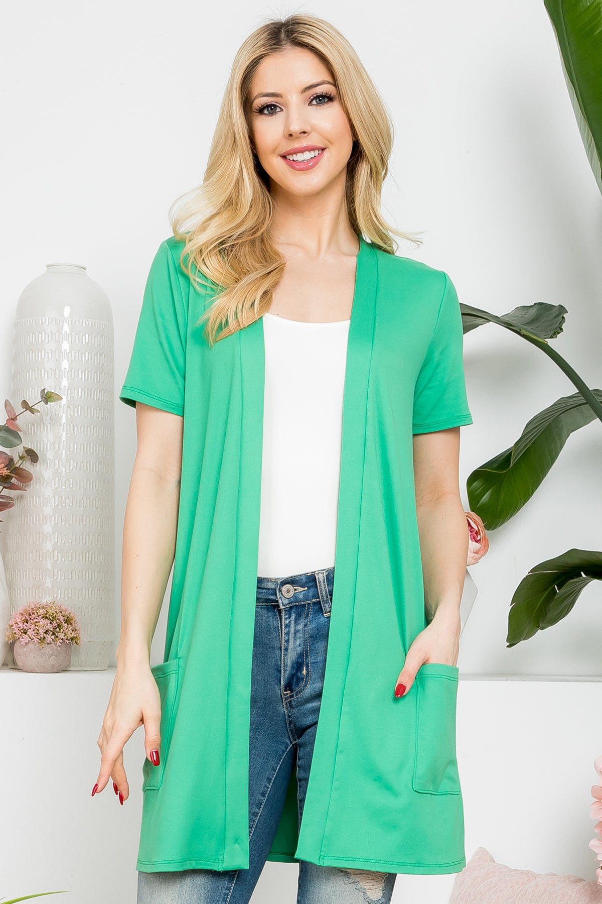 Short Sleeve Open Front Solid Cardigan