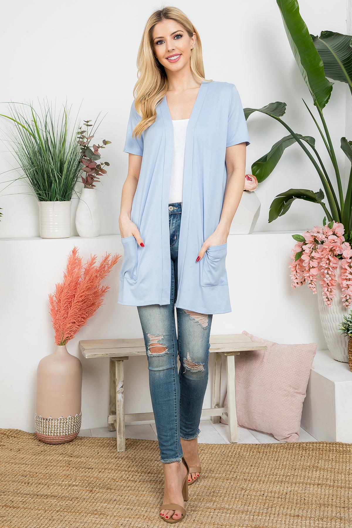 Short Sleeve Open Front Solid Cardigan