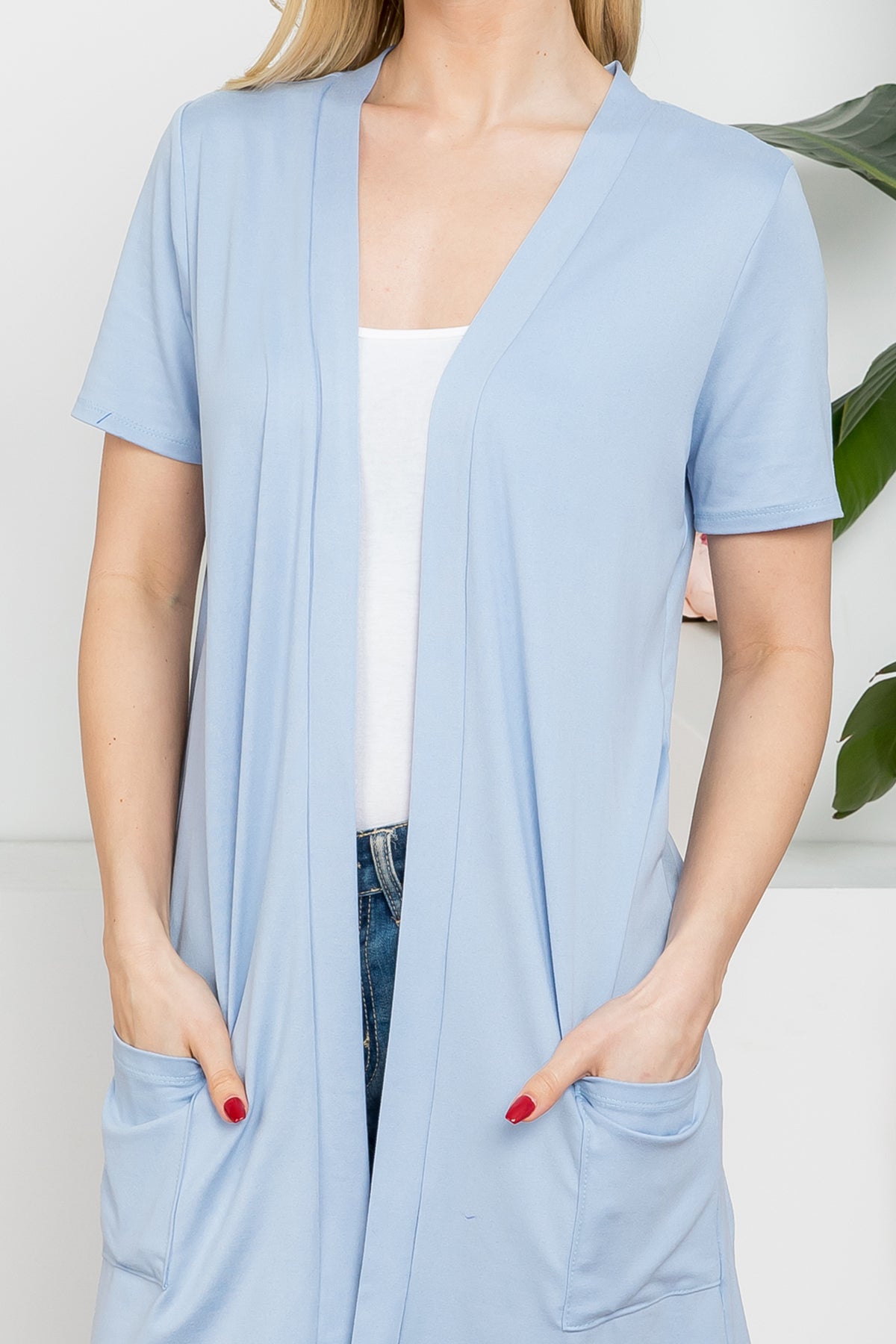 Short Sleeve Open Front Solid Cardigan