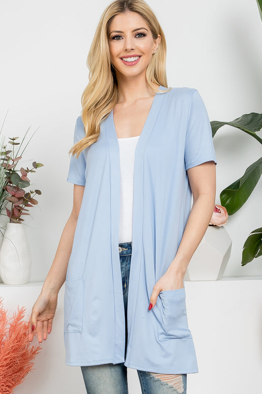 Short Sleeve Open Front Solid Cardigan