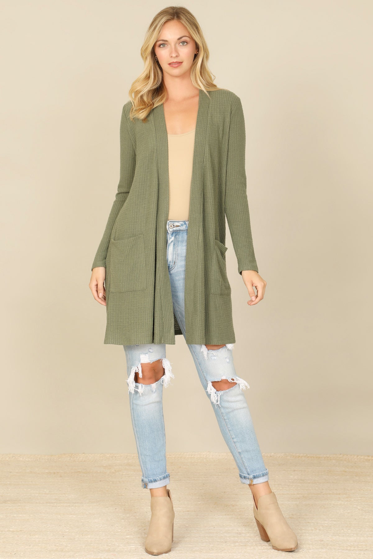 Brushed Waffle Long Sleeve Cardigan
