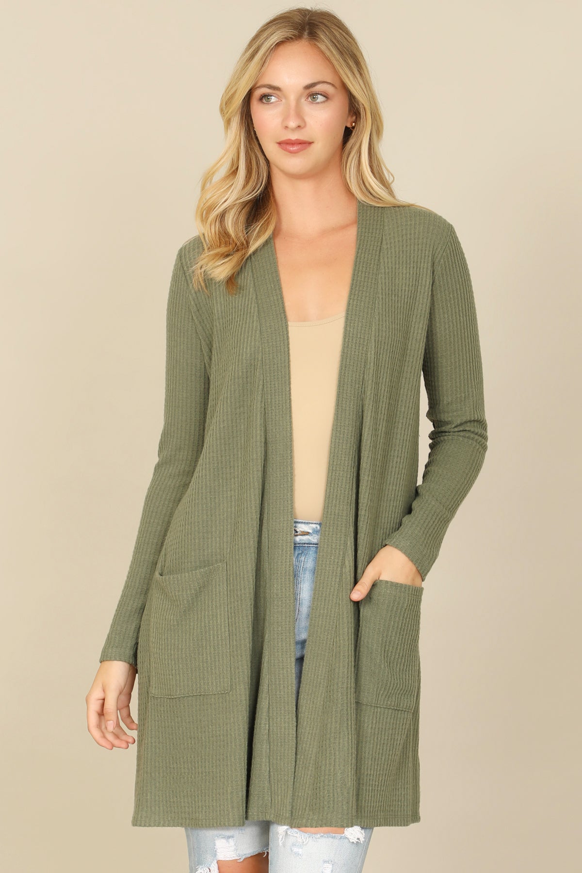 Brushed Waffle Long Sleeve Cardigan