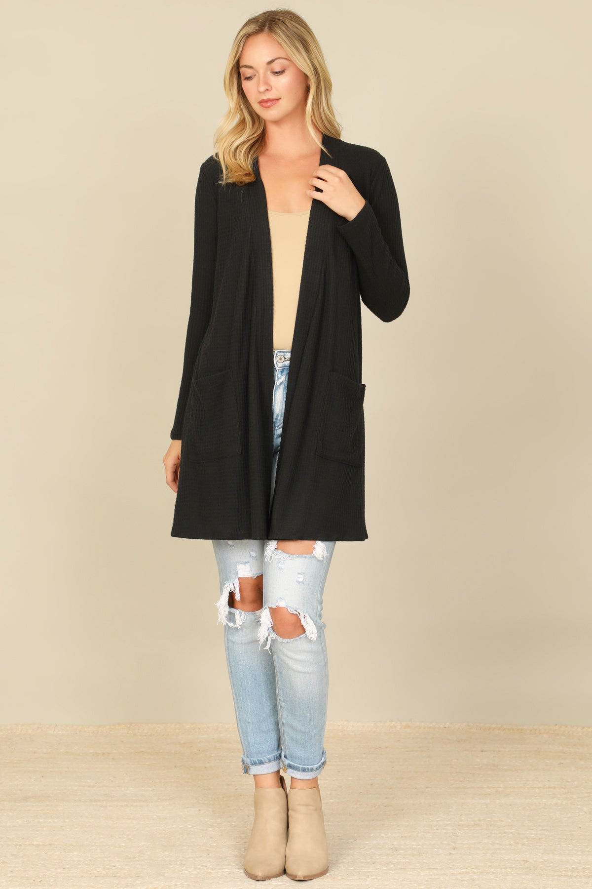 Brushed Waffle Long Sleeve Cardigan