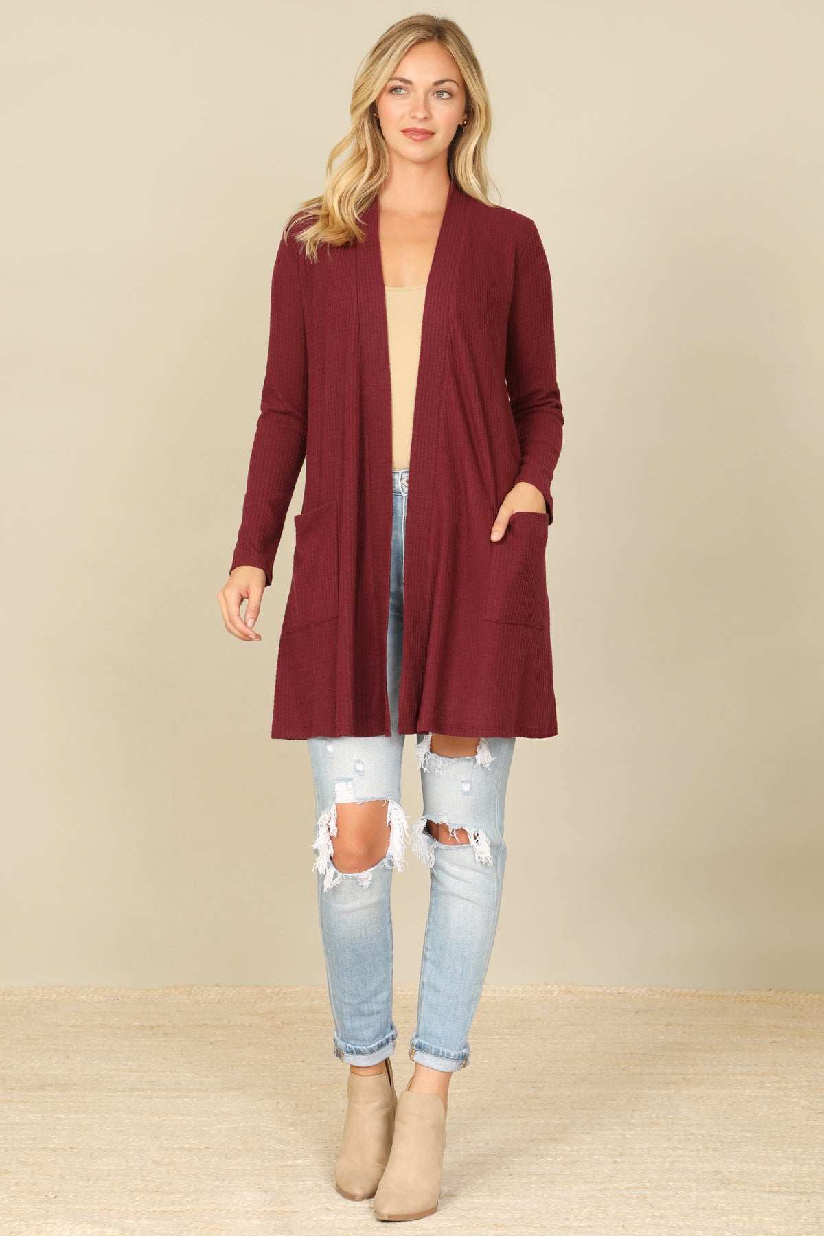 Brushed Waffle Long Sleeve Cardigan