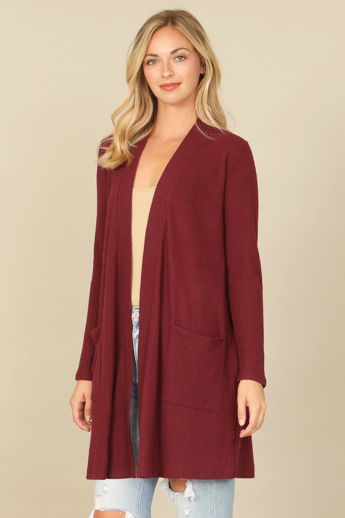 Brushed Waffle Long Sleeve Cardigan